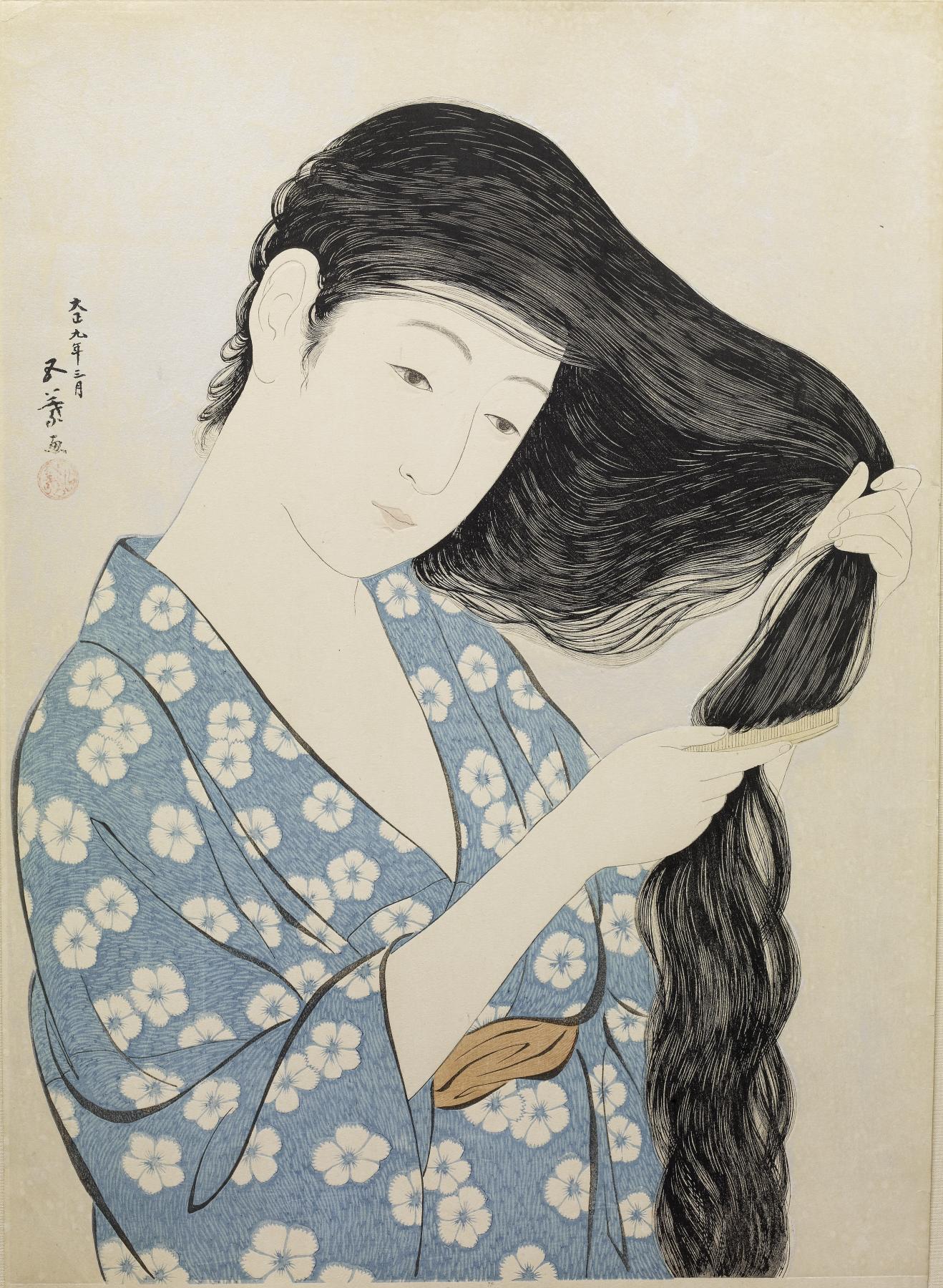 Woman in Blue Combing Her Hair; one of Goyō's most famous original prints.